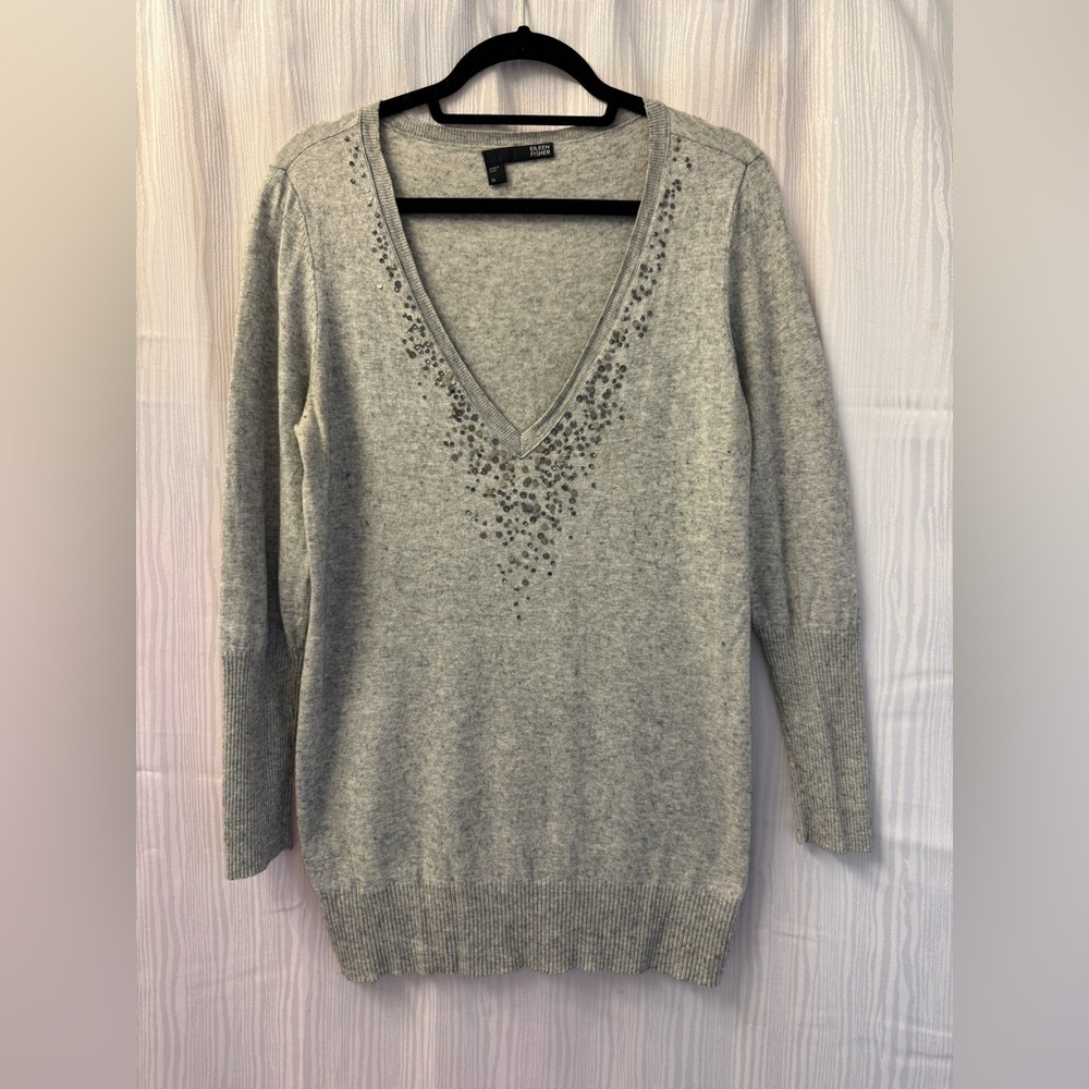 Eileen Fisher Gray V-Neck Sweater with Tunic Length